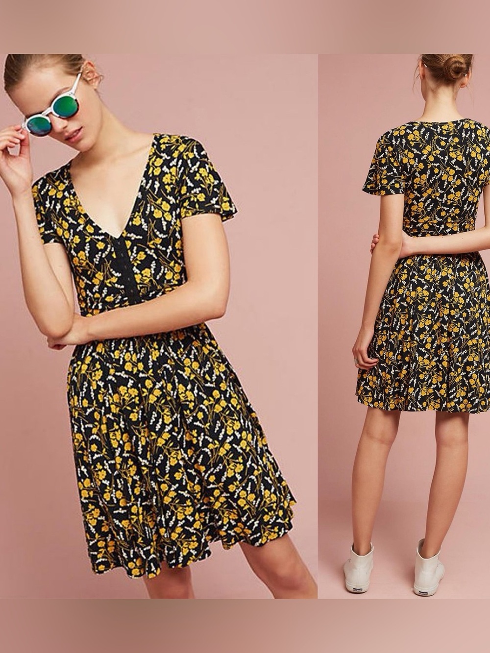 Maeve Anthropologie Summer Breeze Floral V Neck Skater Mini Dress Size Medium
